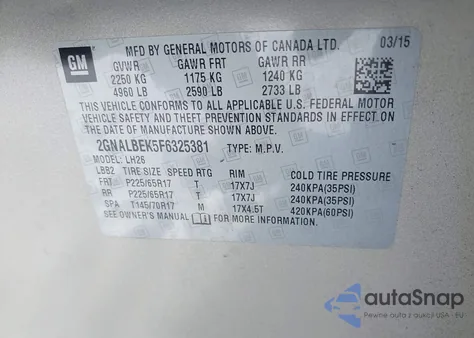 2015 Chevrolet Equinox 1Lt from USA, damaged, VIN 2GNALBEK5F6325381